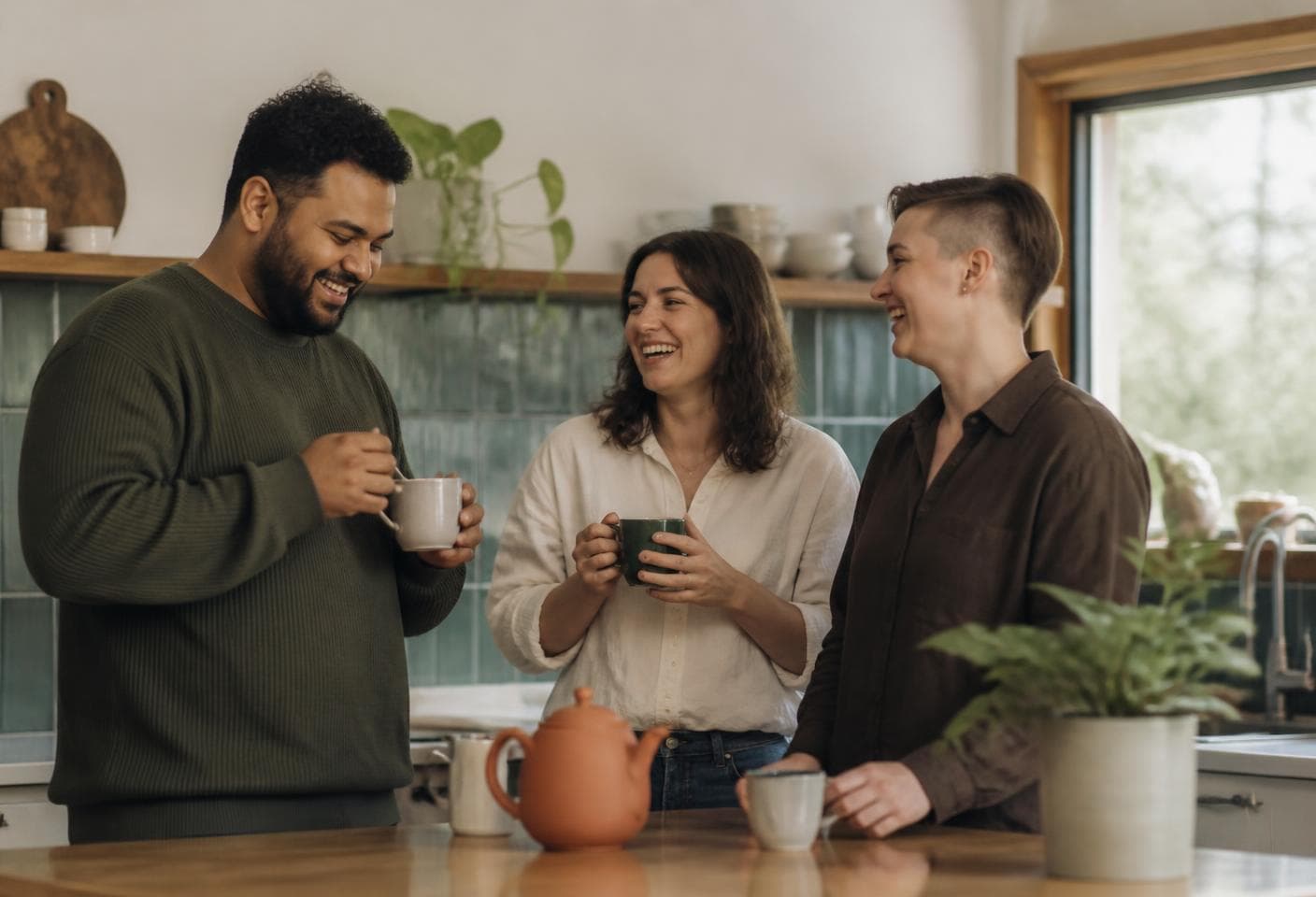 Three colleagues sharing a relaxed conversation over tea