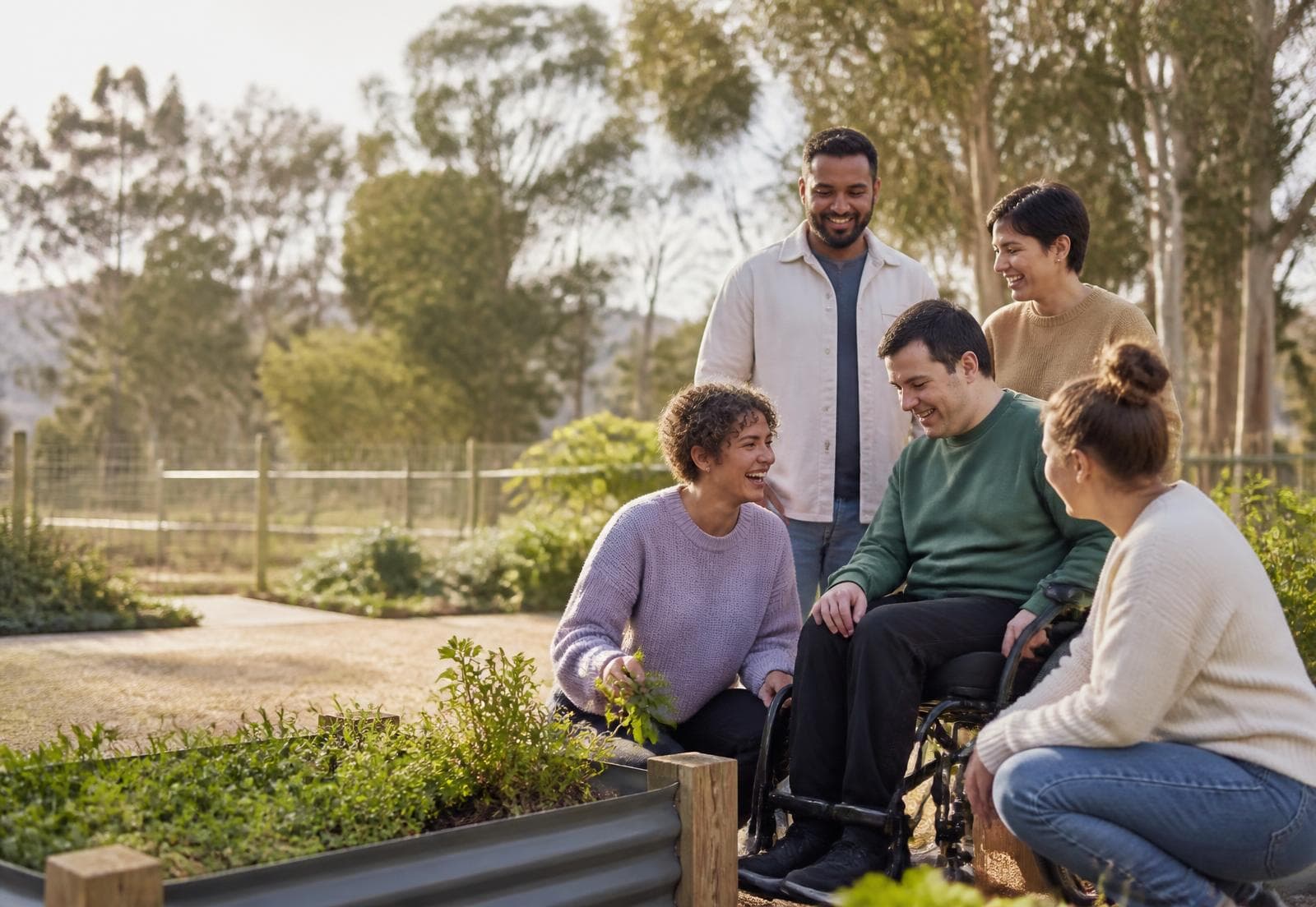 A disability support team sharing a relaxed moment in a community garden