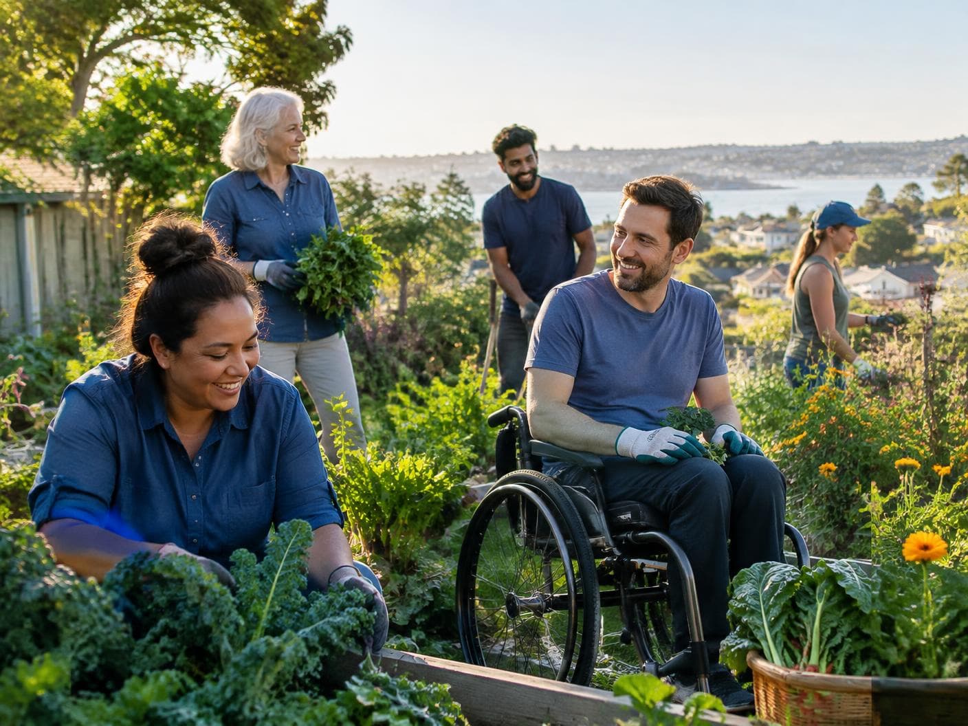A group gardening together in raised beds overlooking the water, including a man in a wheelchair holding freshly picked greens