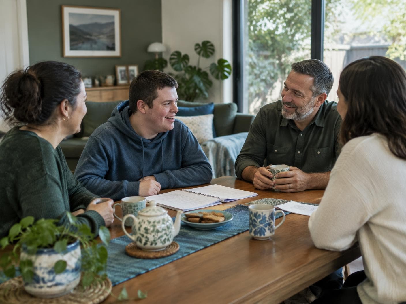 Four people talking around a dining table with cups of tea and papers in front of them