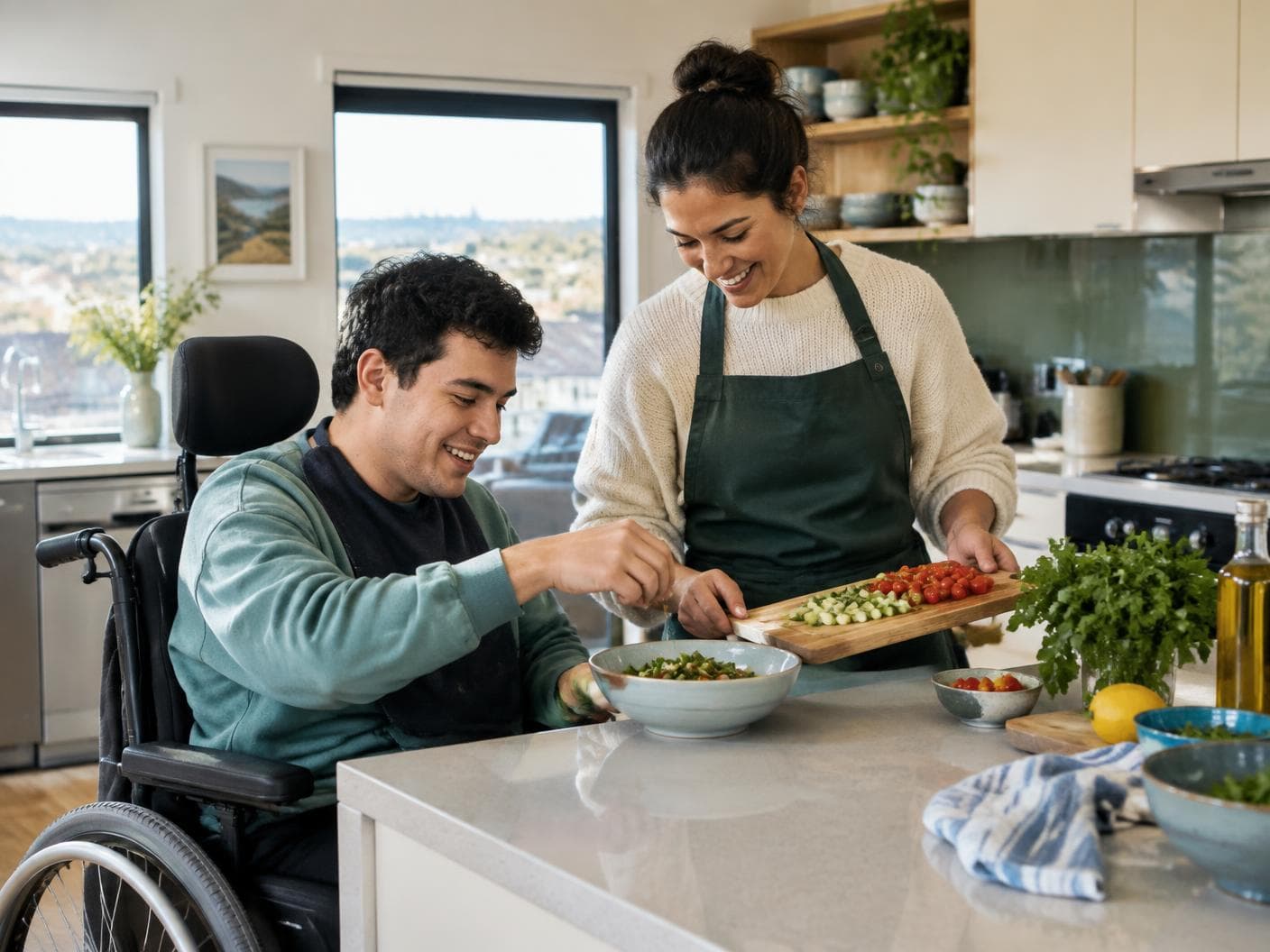 A man in a wheelchair and a woman in an apron preparing a fresh salad together at a kitchen bench