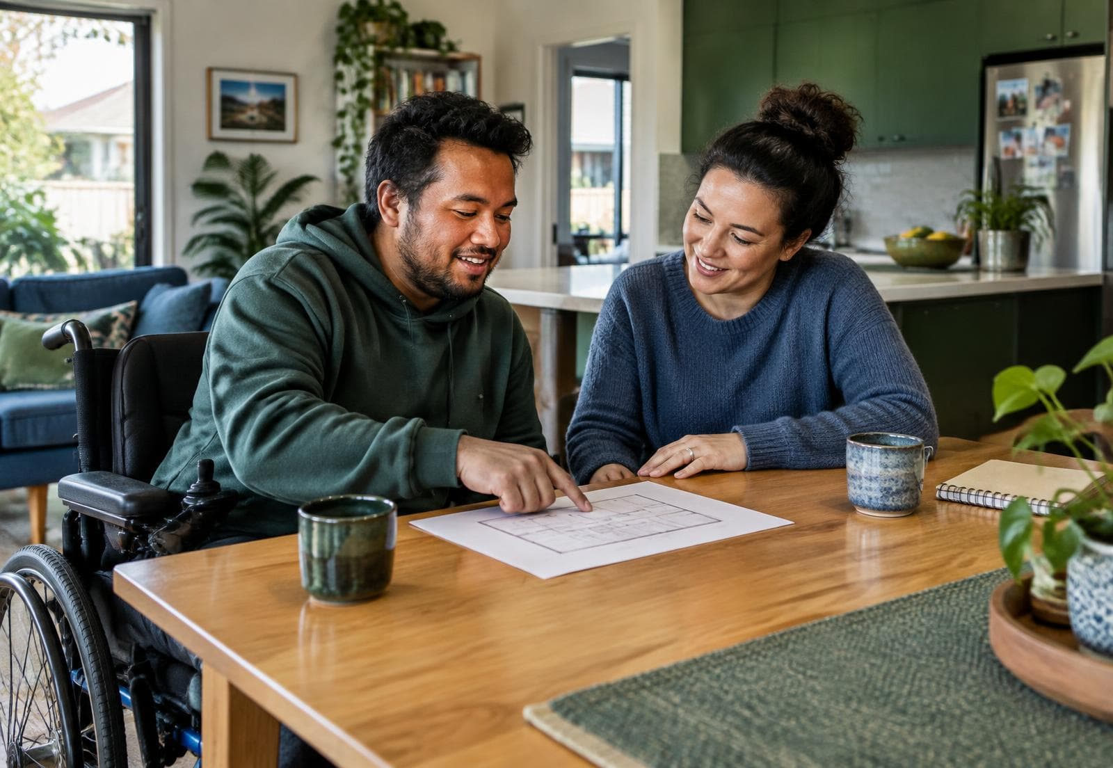 A man in a wheelchair points to a floor plan on a wooden table while a woman beside him looks on and smiles